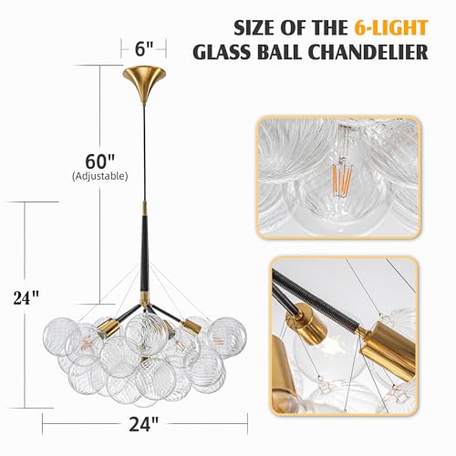 Semi Flush Mount Ceiling Bubble Ball Chandelier Lighting Dia 20 Inch Gold Clear Ribbed Blown Glass Chandeliers Ceiling Medallions Light Fixtures for Bedroom, Living Room, Entry, Bathroom