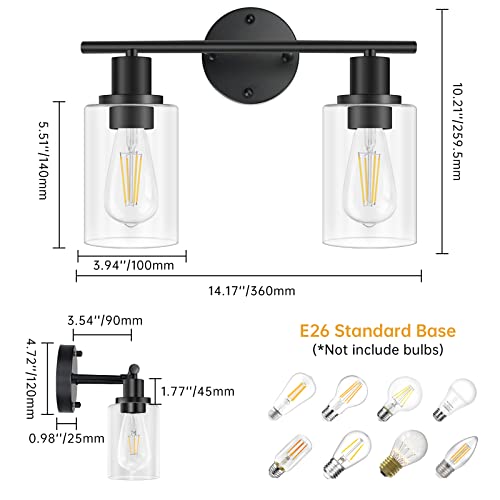 1-Light Bathroom Wall Sconce, Matte Black Vanity Light, Modern Wall Light Fixture with Clear Glass Shade and E26 Bulb Base, Wall Lamp Wall Mount Light Fixtures for Mirror, Bedroom, Hallway