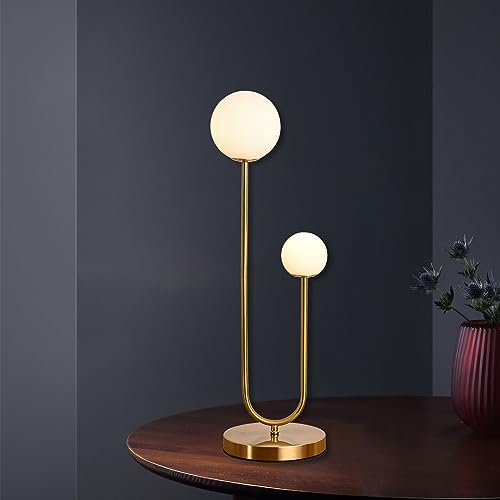 Mid Century Gold Globe Table Lamp Modern U-Shape 2-Light Desk Table Light with Milk White Glass Shade Metal Base Nightstand Lamp for Bedroom Bedside,G9 Bulb