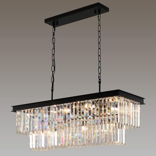 Crystal Chandeliers for Dining Room 11-Light Black Modern Chandelier Rectangle Contemporary Pendant Light Fixture for Kitchen Island Bar