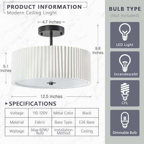 Semi Flush Mount Ceiling Light,12.5 inch Ceiling Light Fixture,Black Flush Mount Light Fixture with Pleated Fabric Drum Shade,Light Fixtures Ceiling Mount for Bedroom,Living Room,Hallway