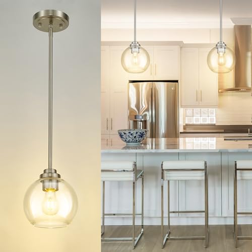 Modern Polished Gold Pendant Light, Mid Century Globe Hanging Light Fixture with Clear Glass for Kitchen Island Dining Room Bedroom Hallway Foyer (2 Pack), PL101BG-2PK