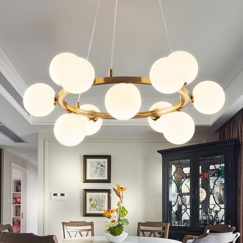 Modern Globe Gold Chandelier - 3.9in Glass Shape Sputnik Ceiling Light Fixture, Mid Century Bubble Dining Room Pendant Light, Hanging Brass Island Light for Kitchen Bedroom Entryway Over Table