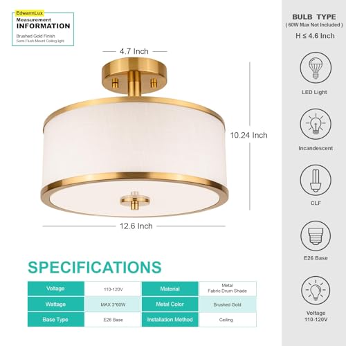 3-Light Semi Flush Mount Ceiling Light Fixture, 12.6" Gold Drum Light with Black Fabric Shade, Modern Close to Ceiling Light for Living Room Bedroom Dining Room Kitchen Hallway Entry Foyer