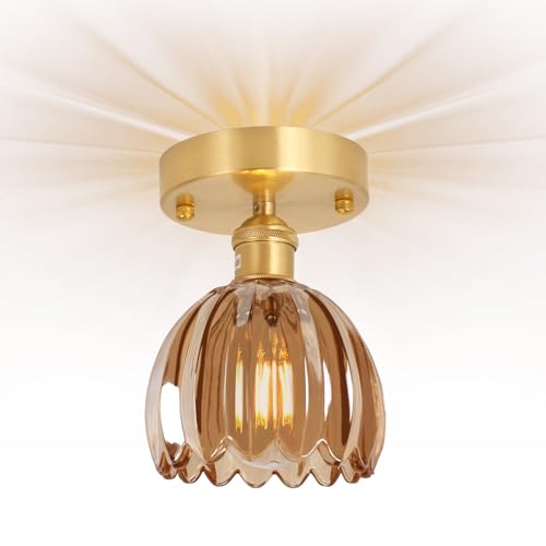 Semi Flush Mount Ceiling Light, Gold Hallway Vintage Lights Fixture Ceiling with Amber Peony Glass, Bulb Included, 4.72" Base Modern Ceiling Light Fixtures for Kitchen Bedroom