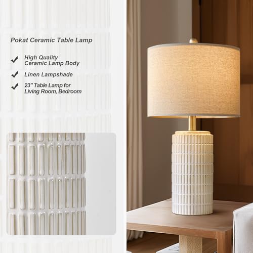 23'' Bedside Table Lamp for Bedroom Nightstand - Ceramic Lamp for Living Room, White Night Stand Light Lamp with Round Linen Shade, Modern Bedroom Lamp Beige