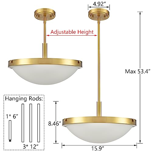 16-Inch Gold Semi Flush Mount Ceiling Light Mid Century Modern 3-Light Milk Glass Ceiling Light Brass Flush Mount Light Fixtures for Bedroom Hallway Staircase