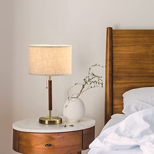 Mid Century Table Lamp, Bedside Lamp with Pull Chain Switch, Solid Wood & Metal Pole, Modern Nightstand Table Lamp for Living Room, Bedroom, Office, Frosted Bronze & Wood Finish