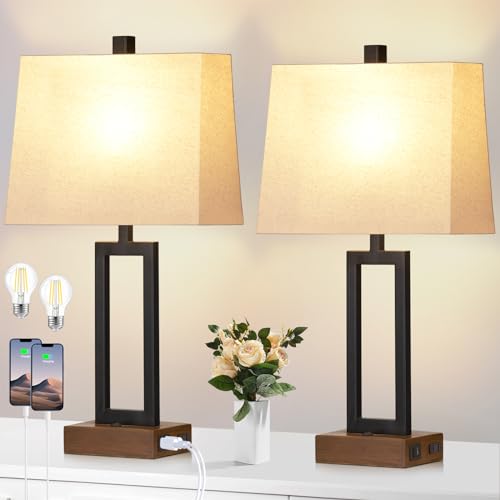 23.5" Touch Control Table Lamps, Metal Bedside Lamp for Bedroom Set of 2 with USB A+C Ports & AC Outlet, 3-Way Dimmable Nightstand Lamp for Living Room (LED Bulb Included)