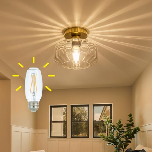 semi Flush Mount Ceiling Light Fixture with Textured Glass Brass Metal Base Includes 1200 lumens LED Bulbs Gold Hallway Light Fixtures Modern Ceiling Light Suitable for entryway Bathroom