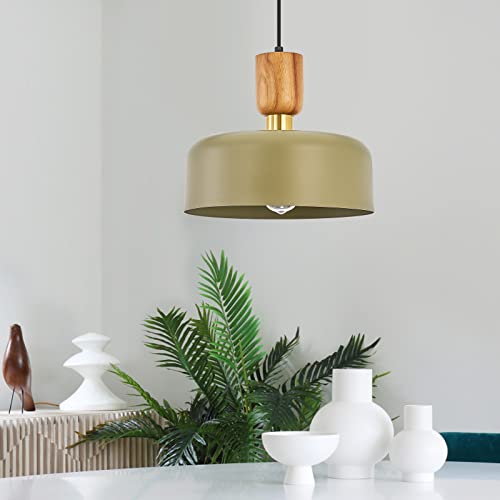 Modern Pendant Lighting,12 inch,Natural Wood and Brass Accent,Adjustable Cord Pendant Light Fixture for Kitchen, Dining Room, Matte White