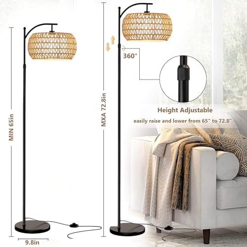 Floor Lamp for Living Room,Bedroom,Boho Rattan Floor Lights,Tree 3 Bulb Standing Lamp Farmhouse Industrial Black Tall Lamp,Wicker Bamboo Lamp Shade Flower Dimmable Floor Lamps Bohemian Decor