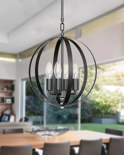 4-Light Orb Chandelier, Industrial Black Globe Pendant Light, Metal Modern Farmhouse Sphere Hanging Ceiling Light Fixture for Dining Room Kitchen Living Room Hallway Entryway-E12