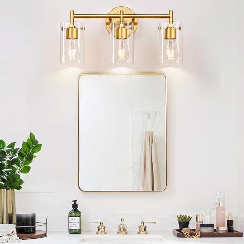 Bathroom Light Fixtures 2023 Upgrade, 3-Light Matte Black Bathroom Vanity Light, Black Bathroom Lights Over Mirror with Clear Glass Shade, Bathroom Wall Sconces for Mirror Bedroom Living Room Hallway