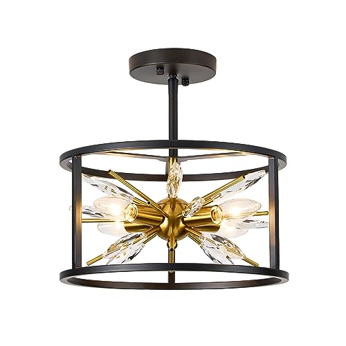 Semi-Flush Mount Ceiling Light - Crystal Ceiling Light Fixture 12-inch 4-Light Close to Ceiling Light - E12 Hallway Ceiling Light - for Living Room Bedroom Kitchen Foyer C2062-4