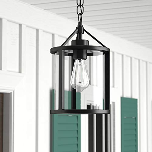 1-Light Outdoor Pendant, Matte Black, Clear Glass Shade, E26 Base Socket, Kitchen Island, Café, Ceiling Hanging Light Fixture, Modern, Vintage, Porch Light, Bulb Not Included