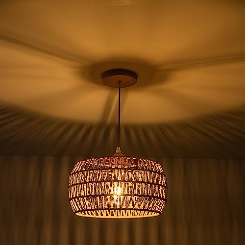 Rattan Pendant Light Fixture Basket Hanging Drum Chandelier Basket Light White Boho Ceiling Light Flush Mount Ceiling Light Woven Kitchen Chandelier for Dinning Room Hallway Bedroom Chandelier