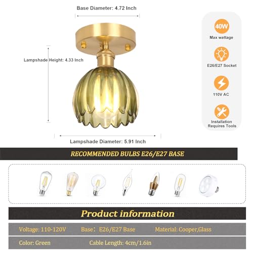 Semi Flush Mount Ceiling Light, Gold Hallway Vintage Lights Fixture Ceiling with Amber Peony Glass, Bulb Included, 4.72" Base Modern Ceiling Light Fixtures for Kitchen Bedroom