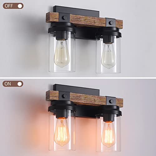 2-Light Farmhouse Vanity Lights for Bathroom, Rustic Bathroom Light Fixtures with Pretty Glass Shade, Black Industrial Wood Grain Wall Sconce for Bathroom Hallway Bedroom