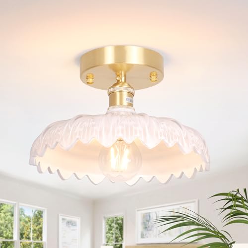 Semi Flush Mount Ceiling Light, Gold Hallway Vintage Lights Fixture Ceiling with Amber Peony Glass, Bulb Included, 4.72" Base Modern Ceiling Light Fixtures for Kitchen Bedroom