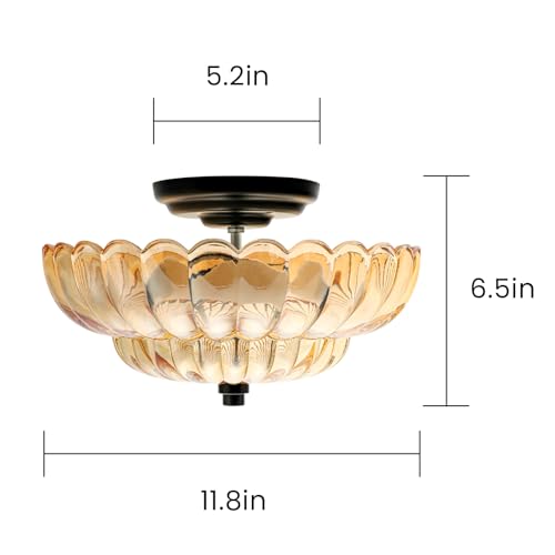 Ceiling Lights Semi Flush Mount Ceiling Light, Brown Glass Chandeliers, Black Base Modern Lighting, Light Fixture Suitable for Living Room Kitchen Bedroom Hallway... Bulb Not Included