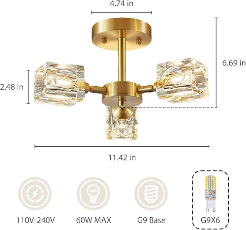 Semi Flush Mount Ceiling Light 3 Lights Crystal Chandeliers Gold Ceiling Light Modern Ceiling Light for Bedroom Kitchen Hallway Bathroom Entryway Dining Room Living Room