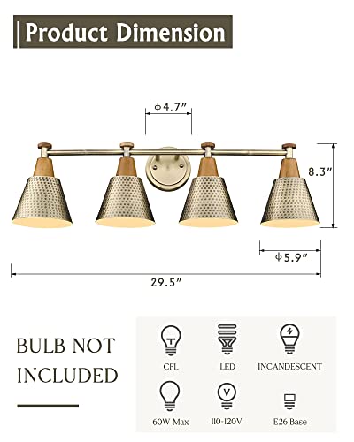 Antique Brass Bathroom Vanity Light, 3-Lights Industrial Modern Wall Sconce Bathroom Lighting, Hammered Metal Shade Finish, 4FG59B-3W BG