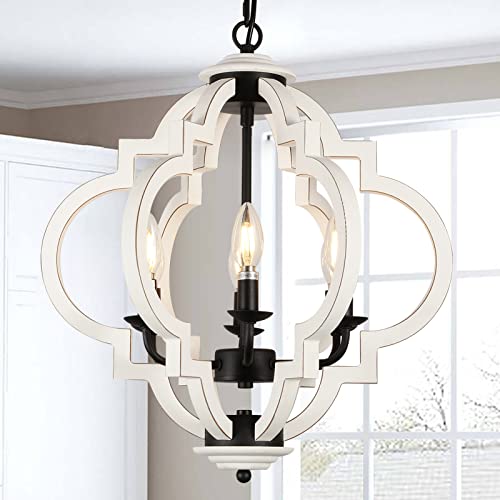 Farmhouse Chandeliers for Dining Room, 6-Light Rustic Dining Room Light Fixture Over Table, Wood Black Hanging Pendant Lights Kitchen Island, Boho Chandelier for Bedrooms Entryway Living Room