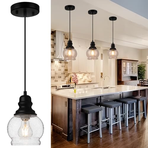 WILON Industrial Pendant Lighting, Pendant Lights for Kitchen Island 3 Light Glass Pendant Light Fixture with Seeded Glass Shade, Adjustable Cord Farmhouse Ceiling Light Black finish Linear Chandelier