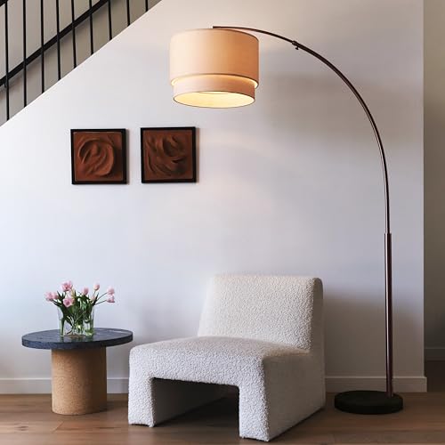 Modern Corner Standing Lamp with Unique Hanging Drum Lamp Shade for Living Room - Bright Overhead, Curved Hanging Light for Bedroom. Library, Den - Bronze