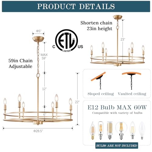 Gold Chandelier 9-Light Dining Room Chandelier Over Table Master Bedroom Chandelier Lighting Round Living Room Chandelier Light Fixture for Foyer, Bathroom, Solid Metal,35in