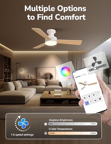 Orison Ceiling Fans with Lights, 42 inch Low Profile Ceiling Fan with RGB Backlight, Flush Mount Ceiling Fan with Remote and App Control, Black Ceiling Fan for Bedroom, 6 Speeds, 3 Reversible Blades