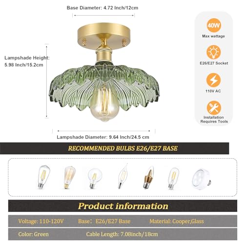 Semi Flush Mount Ceiling Light, Gold Hallway Vintage Lights Fixture Ceiling with Amber Peony Glass, Bulb Included, 4.72" Base Modern Ceiling Light Fixtures for Kitchen Bedroom