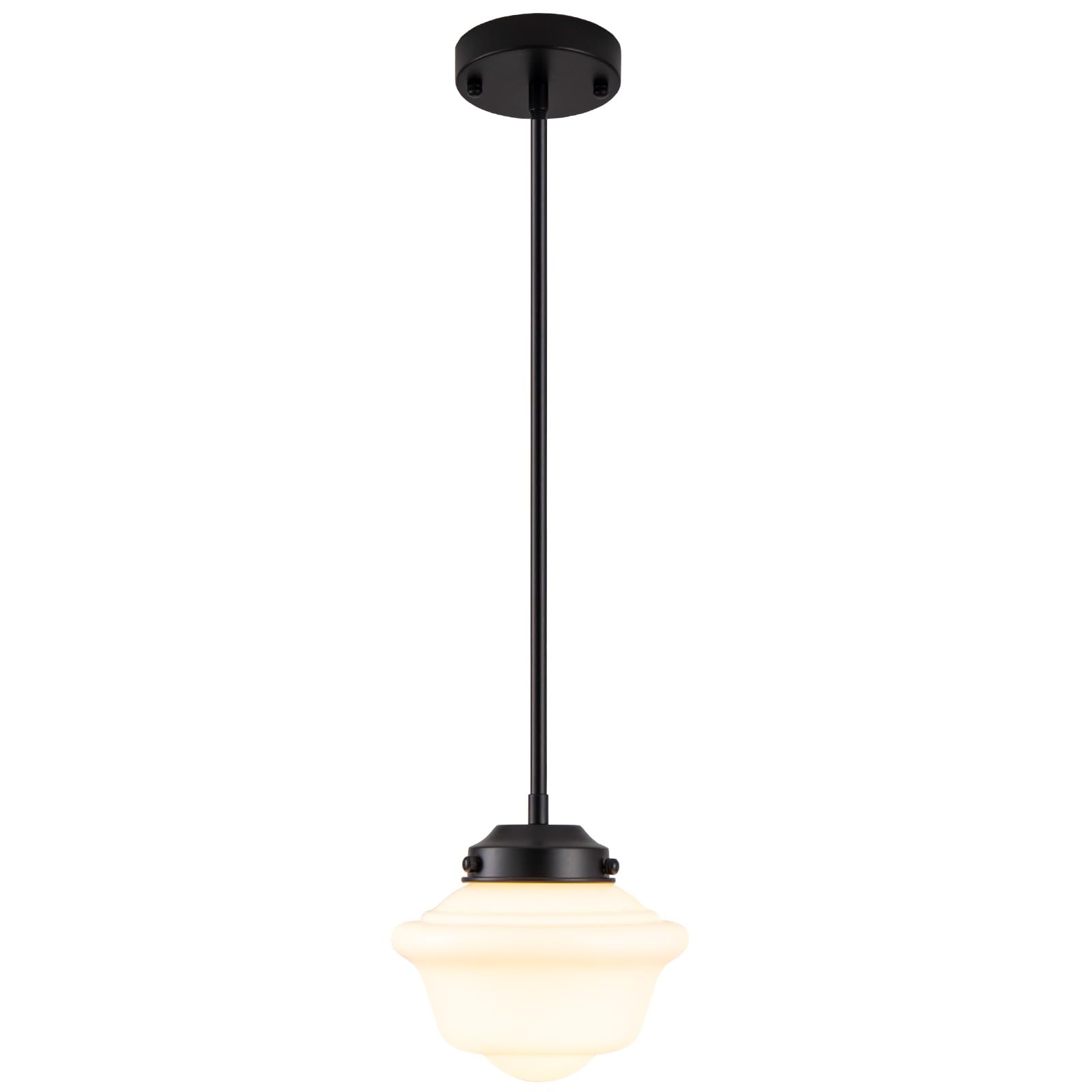 Pendant Lighting Black, 8" Milk Glass Pendant Light Shade, Farmhouse Ceiling Pendant Light Fixture with Adjustable Rods for Living Room Kitchen Dining Room Hallway Island