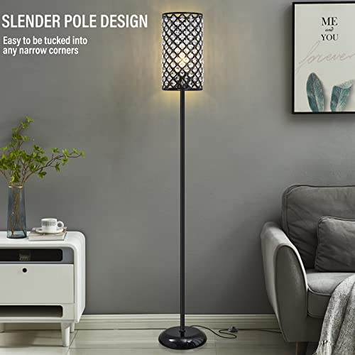 Crystal Floor Lamp, Elegant Standing Lamp Modern Floor Lamp Silver Finish Tall Pole Lamp Accent Light with On/Off Foot Switch for Living Room, Girl Bedroom, Dresser, Office