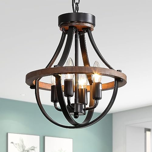 Farmhouse Chandelier, Modern Hanging Pendant Lighting, 4-Light Rustic Ceiling Light Fixture, Vintage Chandelier for Hallway Foyer Dining Room Entryway Kitchen Island Bedroom