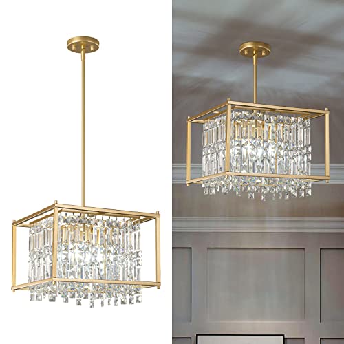 4-Light Dining Room Light Fixture 11.81 inch Square Lndustrial Farmhouse Chandelier Gold Metal Crystal Pendant Light for Kitchen Island Dining Room Living Room Flat and Inclined Ceiling