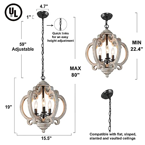 Farmhouse Chandelier for Dining Room, Wood Chandelier Light Fixture for Foyer, 15.5'' Dia