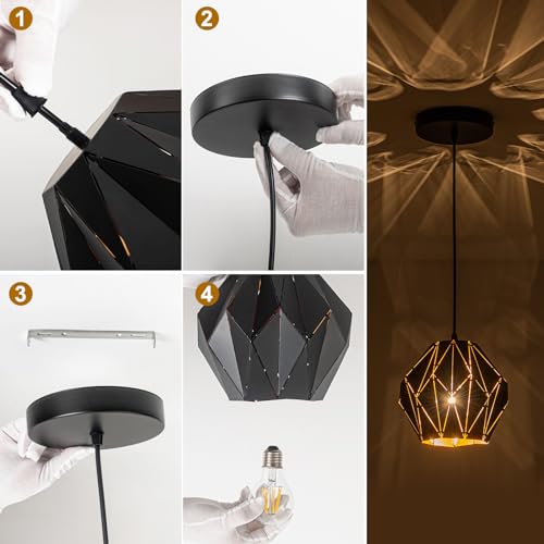 Industrial Black Pendant Light Fixture, Metal Pendant Lighting Chandelier with Geometric Diamond Shade Ceiling Vintage Pendant Lamp for Kitchen Island Dining Living Room Bedroom 1- Light