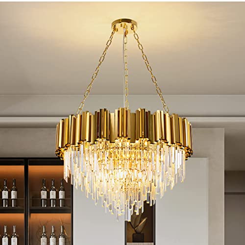 Modern K9 Crystal Pendant Lighting, Round Gold Crystal Chandelier Contemporary Luxury Pendant Ceiling Lighting Fixture for Dining Living Room Kitchen Island, Antique Gold