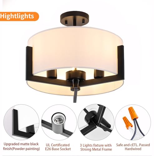 14inch Semi Flush Mount Ceiling Light: 3-Light Black Modern Light Fixtures Ceiling Mount with Drum Fabric Shade, Close to Ceiling Lighting for Bedroom, Kitchen, Entryway, Foyer(Bulb Exclude)