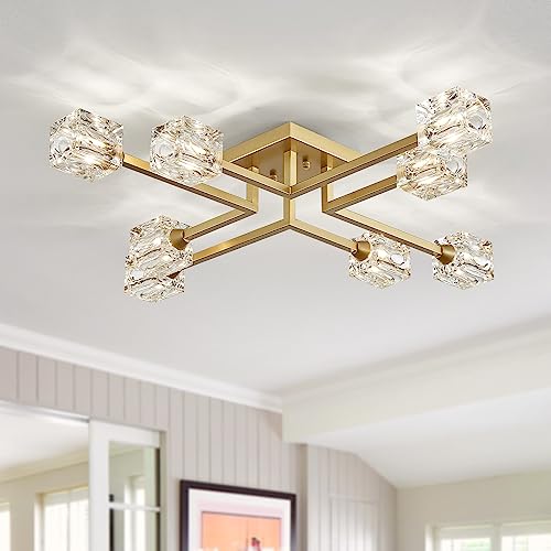 8-Light Semi Flush Mount Ceiling Light Fixture Modern Antique Gold Sputnik Chandeliers Fashion Lighting for Bedroom Dining Room Farmhouse Kitchen Office