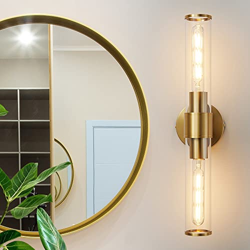 Gold Wall Sconce, Bathroom Light Fixtures in Clear Glass Indoor Wall Sconces, Modern Sconce Wall Lighting Up and Down Vanity Lights Fixtures for Bathroom,Living Room,Hallway, Kitchen