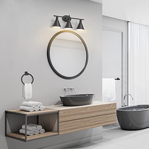 Globe Electric 51710 Bathroom Accessory Set, Matte Black, 3-Light Vanity Light, Towel Bar, Towel Ring, Robe Hook, Toilet Paper Holder, Bathroom Lights Over Mirror, Home Décor, Brooklyn, 5-Piece