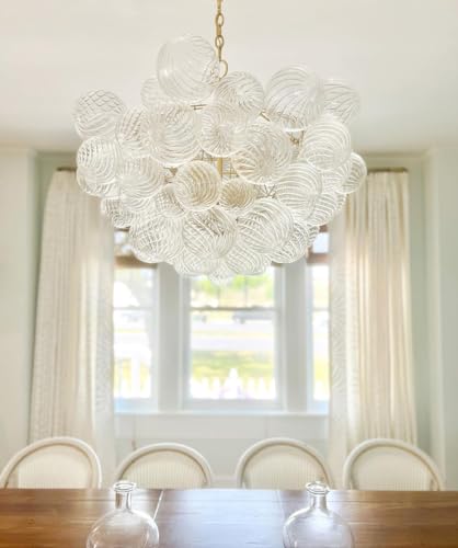 Semi Flush Mount Ceiling Bubble Ball Chandelier Lighting Dia 20 Inch Gold Clear Ribbed Blown Glass Chandeliers Ceiling Medallions Light Fixtures for Bedroom, Living Room, Entry, Bathroom