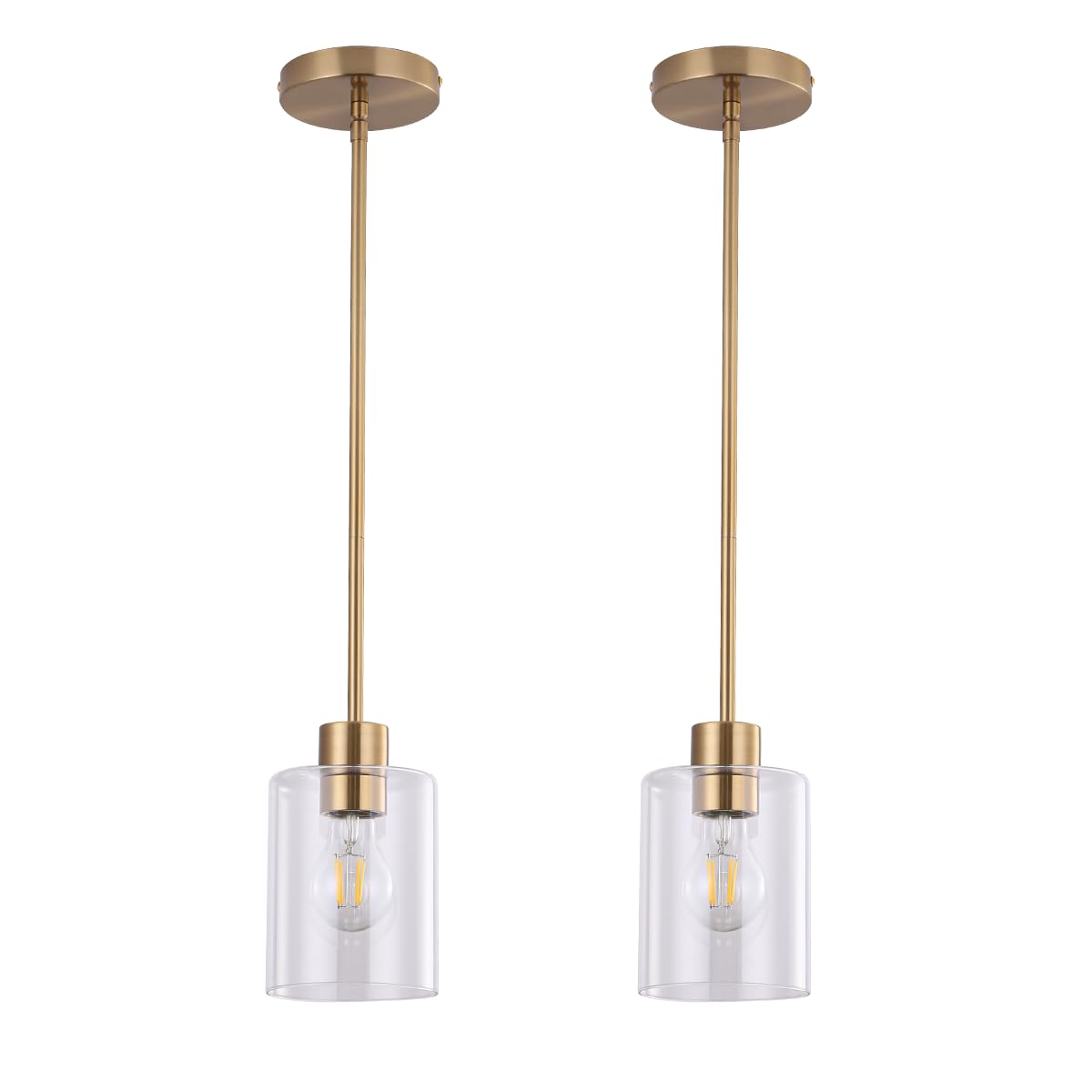 Brass Pendant Lights Kitchen Island,Modern Farmhouse Clear Glass Pendant Light,Gold Light Fixture Kitchen Pendant Mini Hanging Light Fixture for Sink (Brass 2 Pack stem Rod)