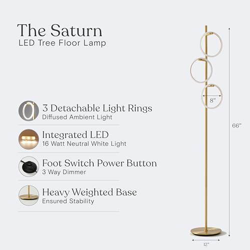 Floor Lamp, Great Living Room Decor, Tall Tree Lamp for Offices, Contemporary Lamp for Living Rooms, Standing Lamp With 3 LED Lights for Bedroom Reading - Gold/Brass