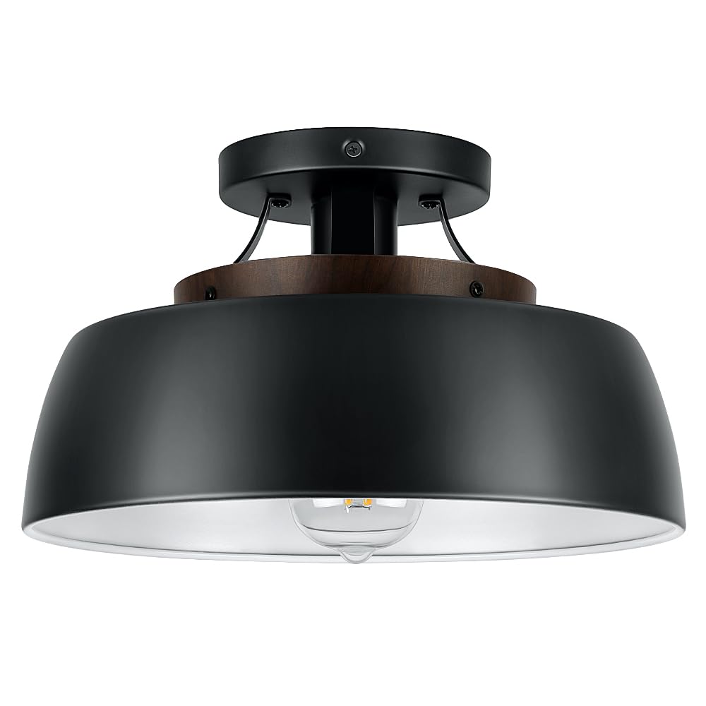 Semi Flush Mount Ceiling Light Fixture, Vintage Close to Ceiling Light, Matte Black Farmhouse Ceiling Lamp for Kitchen Hallway Entry Living Room Bedroom, E26 Base