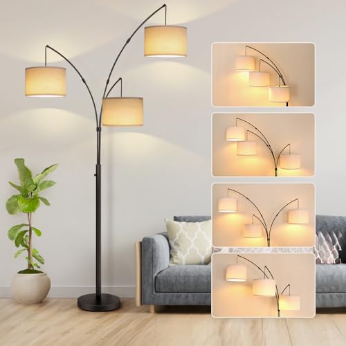 Arc Led Floor Lamp, Modern Black 3 Light Arched Tall Floor Lamp for Bedroom, 2400lm Mid Century Adjustable Standing Corner Lamps for Living Room Office, 3 LED Bulbs Included, Beige Lampshade