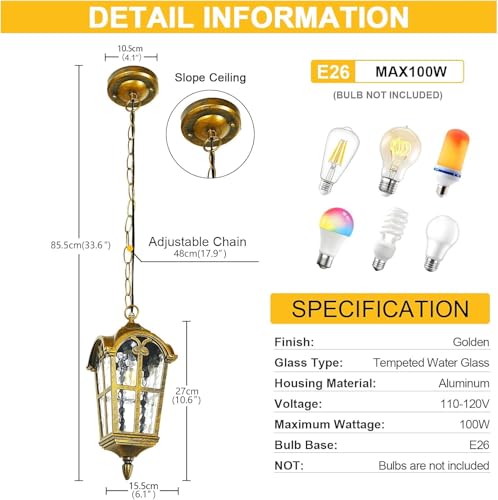 Gold Outdoor Pendant Light fixtures for Patio Foyer Entryway, Anti-Rust Waterproof Exterior Hanging Porch Light with Crack Glass Adjustable Chain Aluminum Outside Ceiling Lights(1 Pack)